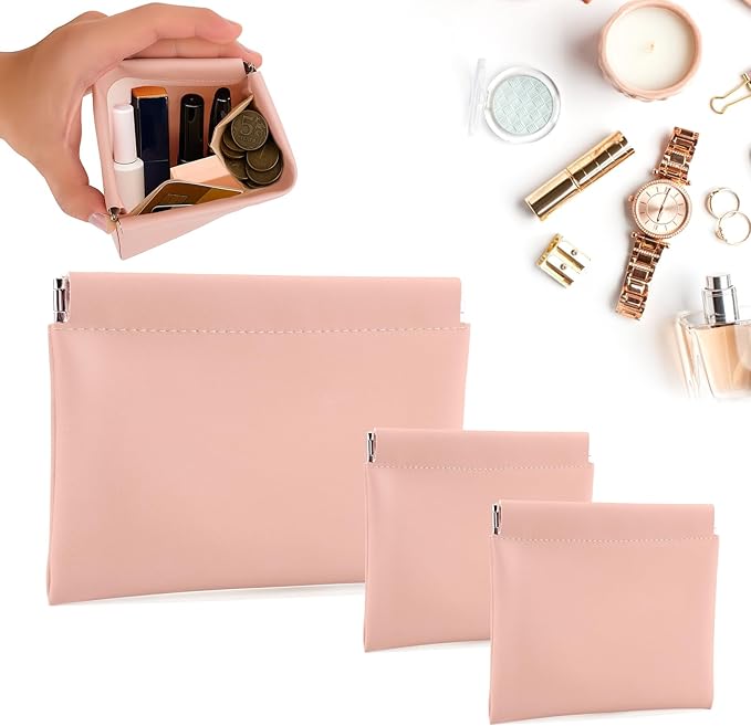 BUSOHA 3 Pack Small Makeup Bag for Purse - Mini Portable Cosmetic Bags for Women, Coin Purse Lipstick Cosmetic Accessories Organizer, Small Travel Kit Storage Pouch(Pink)