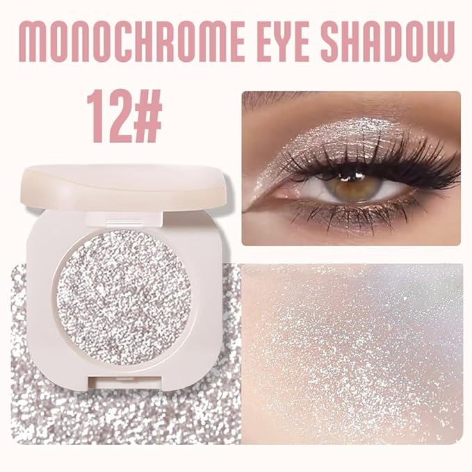 Glitter Shimmer Sparkle Eyeshadow Palette Makeup for Older Women, Silver Glitter Shimmer Metallic Holographic Multichrome Cream Iridescent Single Monochrome Eye Shadow Makeup, 12