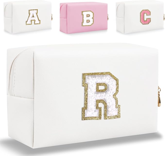 Small Personalized Letter Makeup Bag, White, PU Leather, Waterproof, Zipper, Women's Cosmetic Case