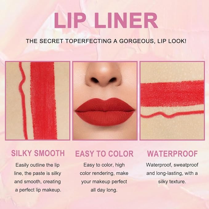 Kaely 2-in-1 Ruby Red Lip Liner & Lipstick Set Kit for Women, Matte Lips Kit with Lip Liner Lip Stains Long Lasting Waterproof 24 Hour Lipstick and Lip Liners Combo Lipliners Pencil Set 14