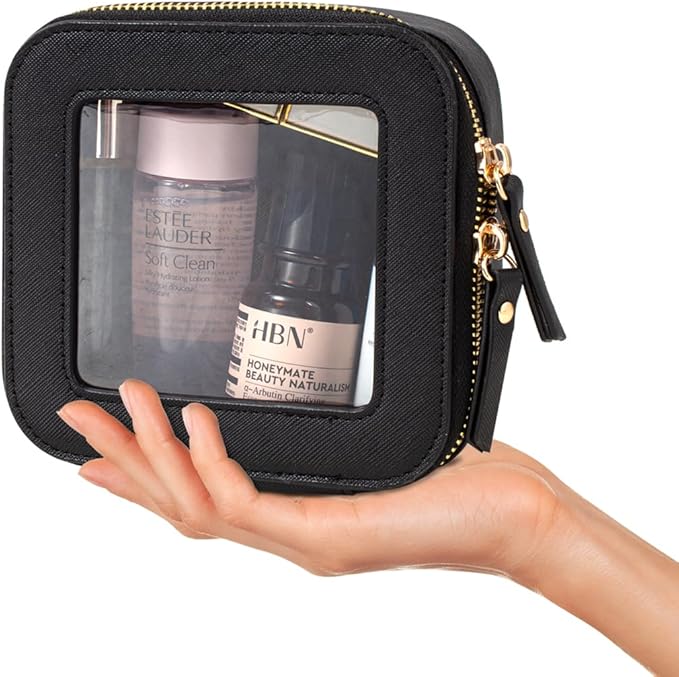 KOTORA Small Makeup Bag for Purse Cute Travel Makeup Bag Clear Cosmetic Bag with Zipper, Car Make Up Bag Organizer Storage Traveling Car Accessories Travel Essentials for Women (Mini Black)