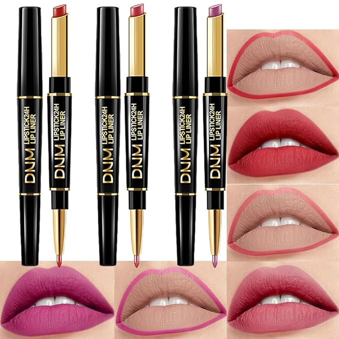 BINGBRUSH 3Pcs Double Ended Light Red Purple Matte Lip Liner and Lipstick Makeup Combo Set for Women,Lipliner 24 Hours Original Waterproof Long Lasting Lip Stains Pencil Kit Set