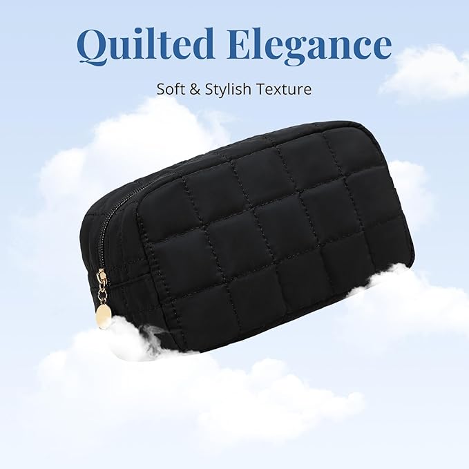 Makeup Bag for Women, Travel Cosmetic Bag Organizer with Compartments, Quilted Puffy Toiletry Pouch for Brushes, Essentials and Accessories, Black