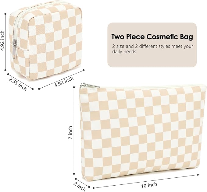 Checkered Makeup Bag, Travel Cosmetic Bag Organizer Toiletry Bag Make Up Bags with Zipper & Compartments for Women Girls, 2PCS