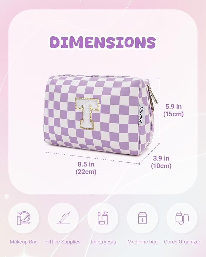 Narwey Birthday Gifts for Women Teen Girls Kids Personalized Initial Makeup Bag Monogram Preppy Cosmetic Bag Trendy Stuff 6 8 10 11 12 13 14 16 18 Years Old Travel Toiletry Bag (Purple Letter T)