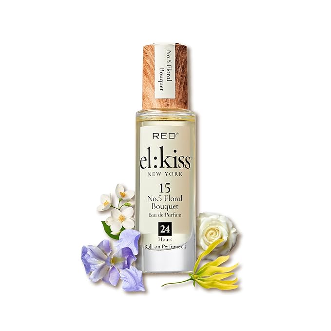 EL:KISS Roll On Perfume, No 5 Floral Bouquet, Eau de Parfum 12mL (.40 Fl Oz), Hydrating & Long-Lasting, Alcohol & Mineral Oil-Free, Infused With Jojoba, Argan & Coconut Oil