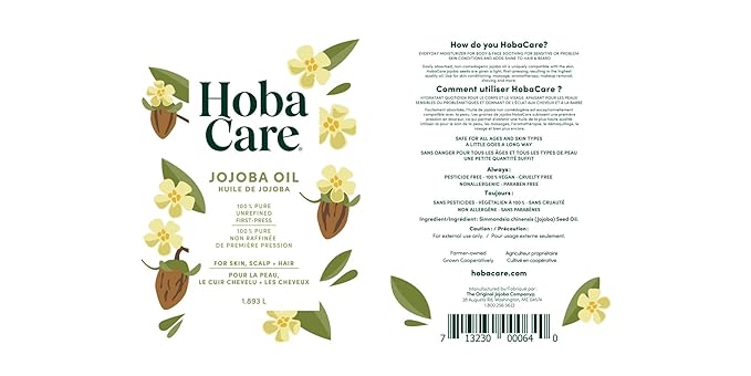 HobaCare Natural Jojoba Oil Bulk - 100% Pure Unrefined Carrier Oil for Skincare, Hair, Face, Beard, Scalp Massage, Bath - Hexane-Free, Long Shelf Life (64 oz Half Gallon)