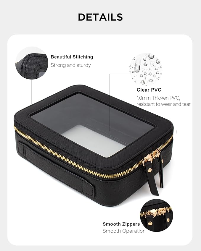 Clear Makeup Bag, Travel Cosmetic Organizer Case Waterproof Skincare Toiletry Bag with Zipper Portable Make Up Pouch Compact Car Organizer Bag for Essentials (Large Black)