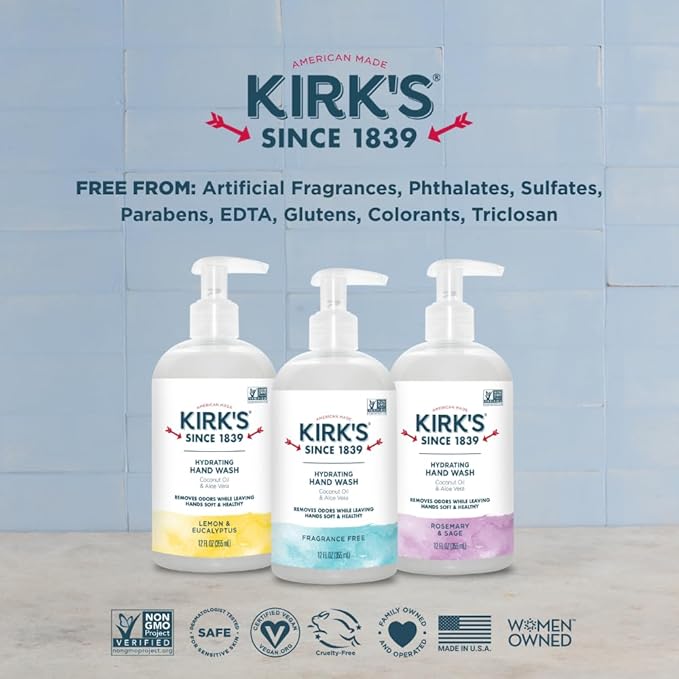 Kirk's Hydrating Hand Wash - Made with Coconut Oil and Aloe Vera, With Odor Neutralizing Technology To Help Eliminate Odors, Non-GMO, Vegan, Lemon & Eucalyptus, 12 Fl Oz. 4 pack