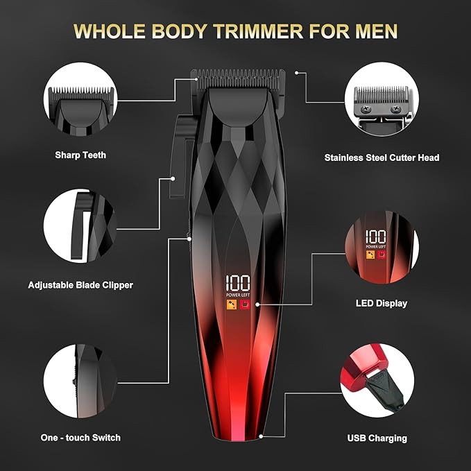 2-in-1 Professional Hair Clippers Set,Cordless Hair Clippers and T-Blade Trimmer Kit for Men,LCD Display,USB Rechargeable,Adjustable Guards,Waterproof,Beard & Body Grooming Kit (Red)