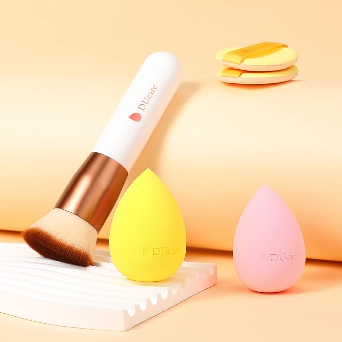 DUcare Foundation Brush with Christmas Sponges Puff Flat Top Kabuki Brush for Liquid Blending Mineral Powder Buffing Stippling