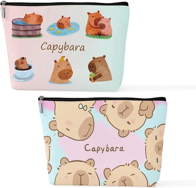 2 Pcs Cute Capybara Makeup Bag, Large Capacity Travel Makeup Case Cosmetic Bags for Women, Portable Pouch Purse Travel Essentials Toiletries Accessories, Christmas Birthday Gifts for Women