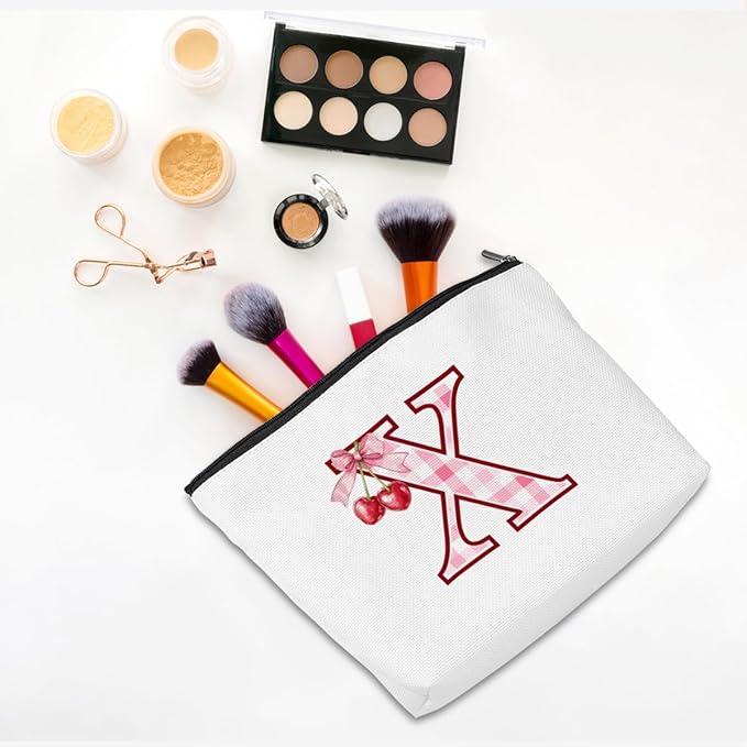 Initial Makeup Bag Monogram Cosmetic Bag Monogrammed Gifts for Women Girls Friends Coworker Teacher Personalized Travel Toiletry Bag Christmas Bridal Shower Wedding Bridesmaid Gifts, Cherry X
