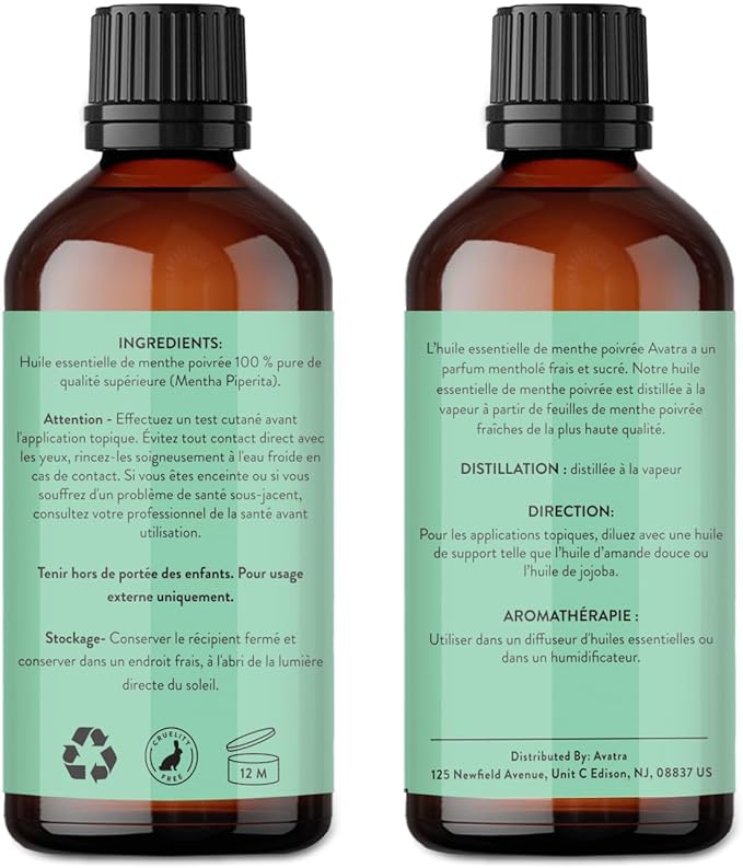 Avatra Peppermint Essential Oil 100ML (3.38 OZ) with Glass Dropper and Travel Bottle, Pure and Natural Therapeutic Grade Peppermint Oil for Diffuser, Aromatherapy, Massage, and DIY Candle Products