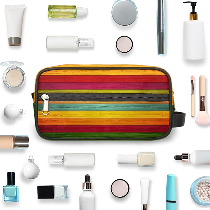 Rainbow Wood Texture Travel Toiletry Bag for Women Men Lightweight Cosmetic Makeup Bag Organizer Waterproof Shaving Bag Dopp Kit with Large Capacity for Toiletries and Shaving Accessories