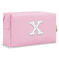 ChaoGreat Bride Gifts – Personalized Initial Makeup Bag with Pearl Rhinestone Patch, Preppy Pink Monogram Cosmetic/Toiletry Pouch, bridesmaid Gifts, Bridal Shower Gifts, Wedding Gifts, Bridal Gifts,X