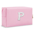 ChaoGreat Bride Gifts – Personalized Initial Makeup Bag with Pearl Rhinestone Patch, Preppy Pink Monogram Cosmetic/Toiletry Pouch, bridesmaid Gifts, Bridal Shower Gifts, Wedding Gifts, Bridal Gifts,P