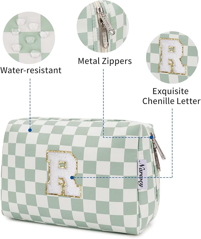 Narwey Birthday Gifts for Teen Girls Women Personalized Initial Checkered Makeup Bag Preppy Cosmetic Bag Trendy Stuff 6 8 10 11 12 13 14 16 18 Years Old Travel Toiletry Bag (Green Letter R)