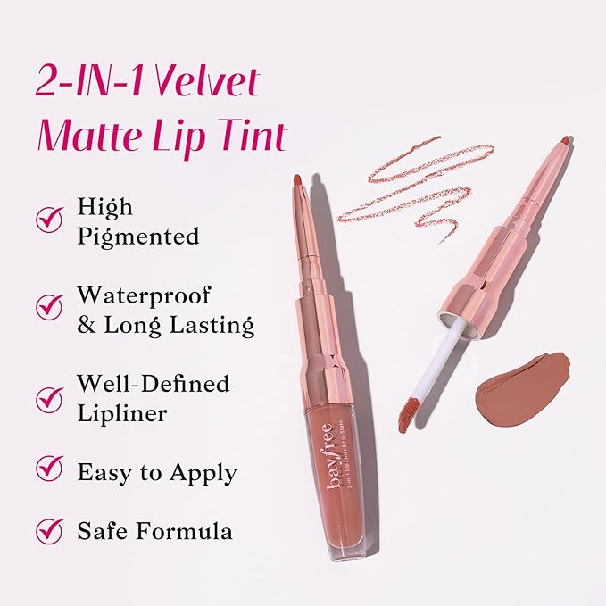 bayfree 2-IN-1 Lip Liner and Lip Stain, High Pigmented Long Lasting Velvet Lip Tint, Well-Defined Lipliner, Weightless Waterproof Not Animal Tested, Matte Finish Makeup