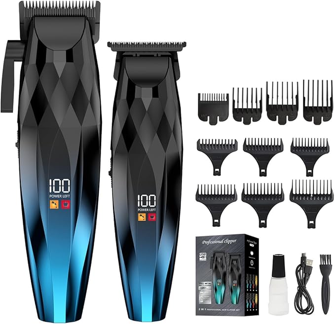 2-in-1 Professional Hair Clippers Set,Cordless Hair Clippers and T-Blade Trimmer Kit for Men,LCD Display,USB Rechargeable,Adjustable Guards,Waterproof,Beard & Body Grooming Kit (Blue)
