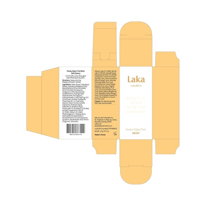 Laka Fruity Glam Lip Tint Mini, Glowing Lip Stain with Wide Color Spectrum, Hydrating & Lightweight Texture, Long-Lasting Bold Stain, Non-Sticky, Vegan, K-Beauty (#104 Cherry)