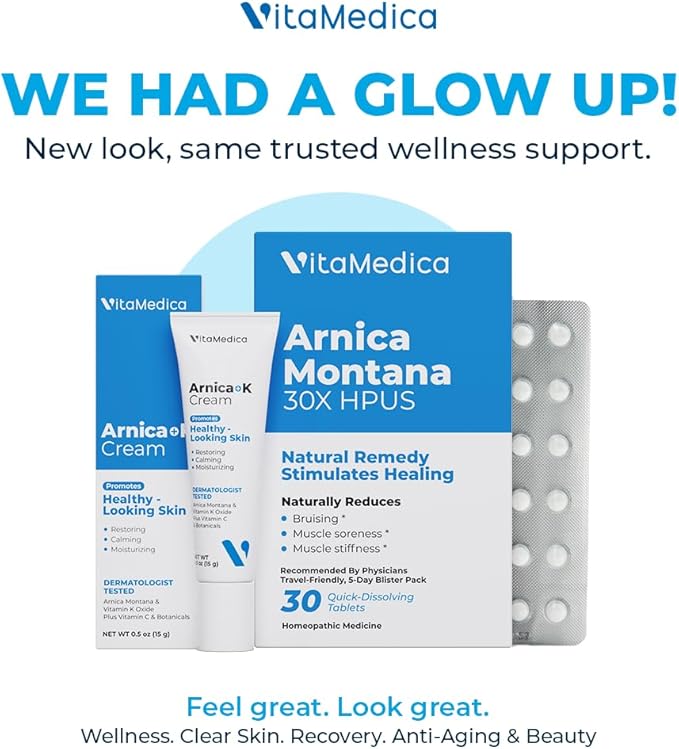 VitaMedica | Arnica Filler Kit Bundle | Arnica Montana 30X Blister Pack + Arnica & Vitamin K Topical Cream | Vitamin K Topical Cream | Softens, Calms, Moisturizes, & Restores Bruised Skin | Recovery