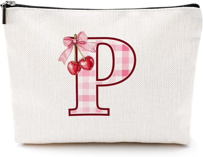 Initial Makeup Bag Monogram Cosmetic Bag Monogrammed Gifts for Women Girls Friends Coworker Mom Personalized Travel Toiletry Bag Christmas Bridal Shower Wedding Bridesmaid Gifts, Cherry P