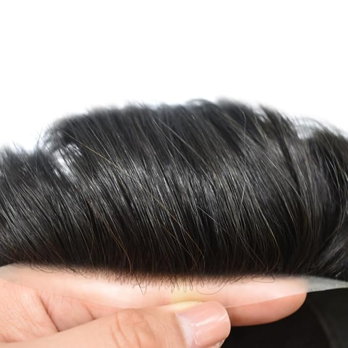 FACE MIRACLE Hair System for Men French Lace Mens Toupee Human Hair Replacement System Lace with PU Toupee for Men Male Hair Piece Wigs 7"X10" 1#JET BLACK