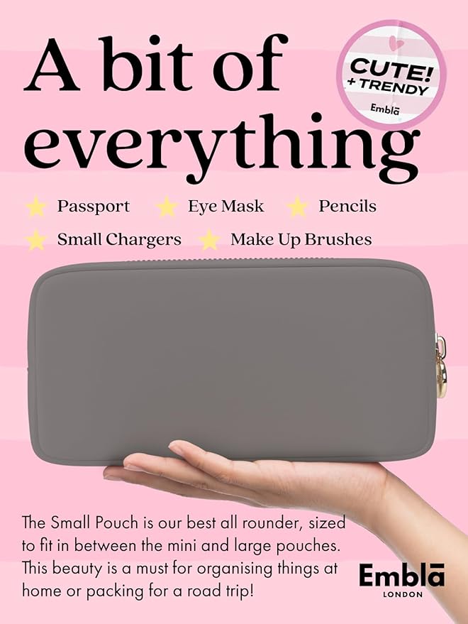 Embla Makeup Bag Travel Cosmetics Pouch and Toiletry Bag, Nylon Zipper Pouch Purse, Cute Make Up Organizer Storage Tote for Women Girls, Waterproof Travel Skincare Case, Small Makeup Bags, Grey