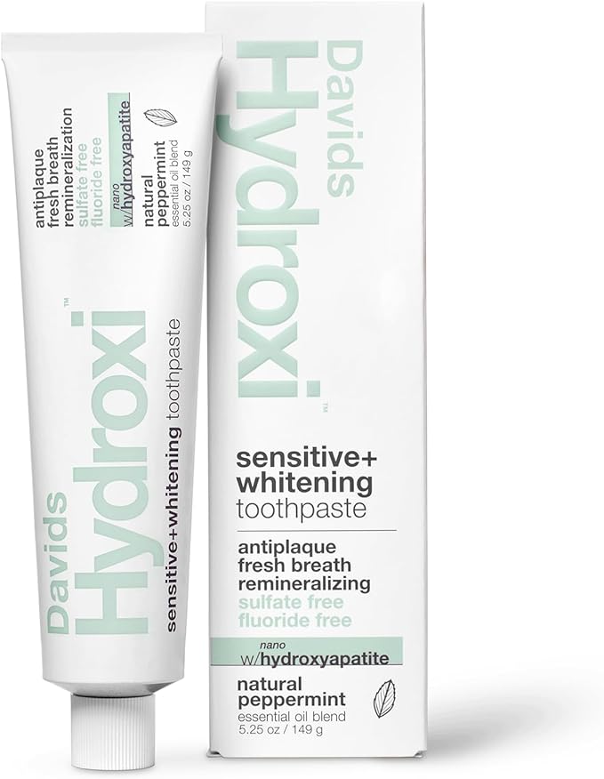 Davids Hydroxi Fluoride Free Nano Hydroxyapatite Toothpaste for Remineralizing Enamel & Sensitive Relief, Whitening, Antiplaque, SLS Free, Natural Peppermint, 5.25oz, Made in USA
