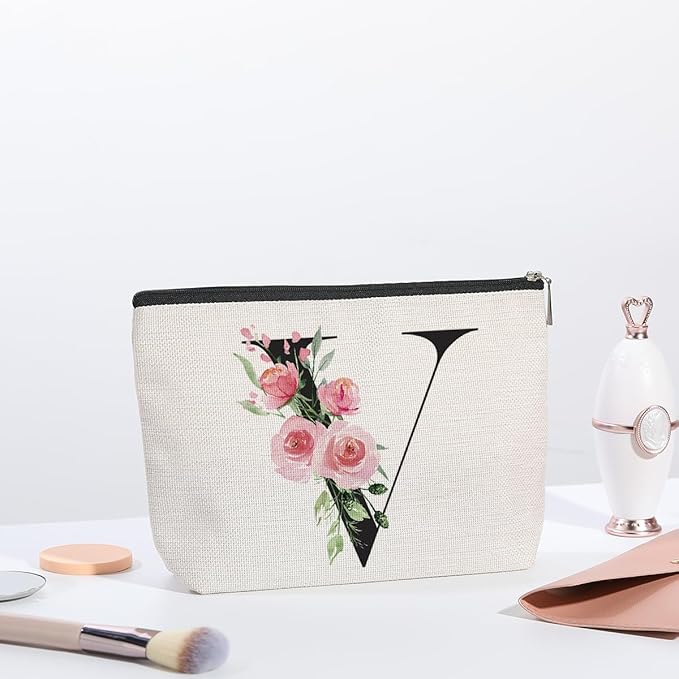 Initial Makeup Bag, Personalized Gifts for Women, Bridesmaid Gifts, Birthday Gifts for Women Mom, Gifts for Best Friend, Bride Bridesmaid Cosmetic bag (Letter V)