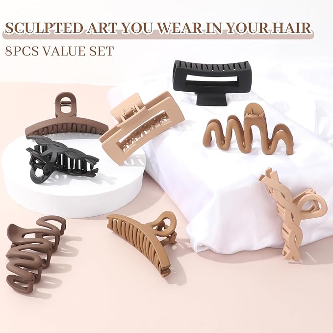 Matte Non-Slip Large Hair Clips for Women 8PCS (Neutral Colors), Durable Claw Clips for Women/Girls | Gift-Ready Neutral Hair Accessories for Daily & Special Occasions