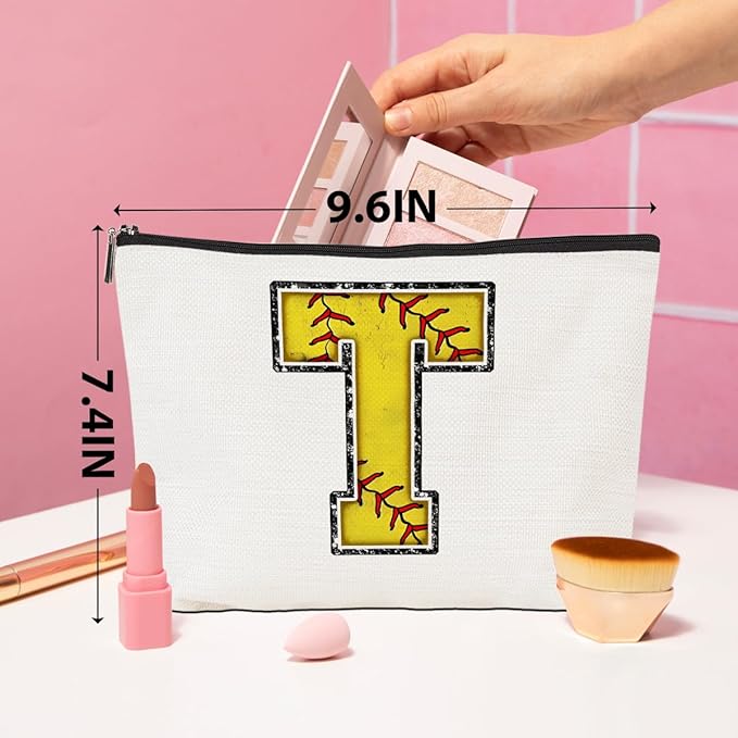 Softball Gifts Initial Makeup Bag Monogrammed Cosmetic Bag Letter T Zipper Pouch Softball Accessories for Girls Women Softball Player Coach Friend Softball Stuff Graduation Birthday Gifts