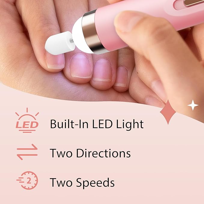 Portable Electric Nail Drill with LED Light, Gentle Power Beginner-Friendly Nail Grinder for Dead Skin Removal and Polishing, Cordless Manicure Pedicure Tool with Accessories Kit for Home Use (Pink)