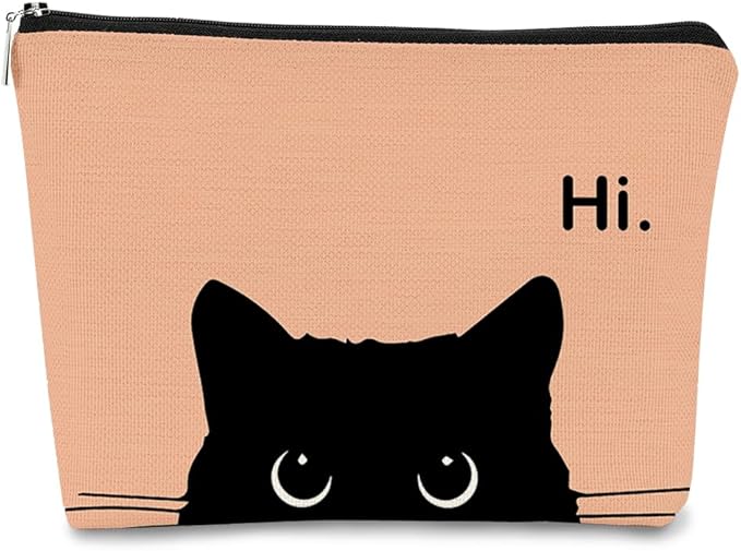 Cat Makeup Bag, Cute Makeup Bag, Cat Gifts for Cat Lovers Women, Black Cat Gifts, Hi Black Cat Kitty Cosmetic Bag, Cat Makeup Pouch, Cat Stuff for Cat Lovers (Camel-2)