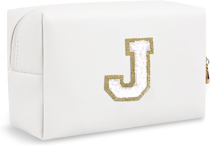 Personalized Preppy Small Travel Makeup Bag, Initial Chenille Letter White Makeup Bag Cosmetic Pouch Toiletry Organizer, Portable Waterproof Makeup Storage Cute Preppy Stuff for Mom Girl(Letter J)