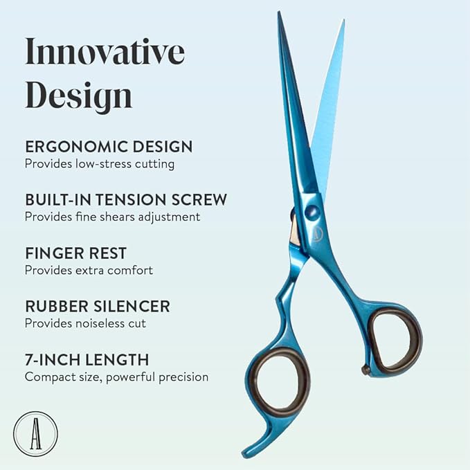 ANDUSTRIAL - Professional Hair Cutting And Thinning Scissors/Shears For Men/Women/Home/Salon - Premium High Carbon Steel Quality - Smooth And Sharp - 7 Inch, Blue