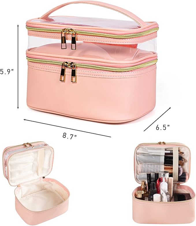 Pink Makeup Bag, Leather Double Layer Makeup Bag,Travel Accessories Toiletry Bag for Women,Travel Essentials Cosmetic Bag