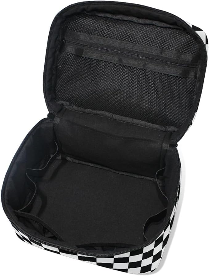 Makeup Train Case White Black Checkered Plaid Carrying Portable Zip Travel Cosmetic Brush Bag Organizer Large for Women