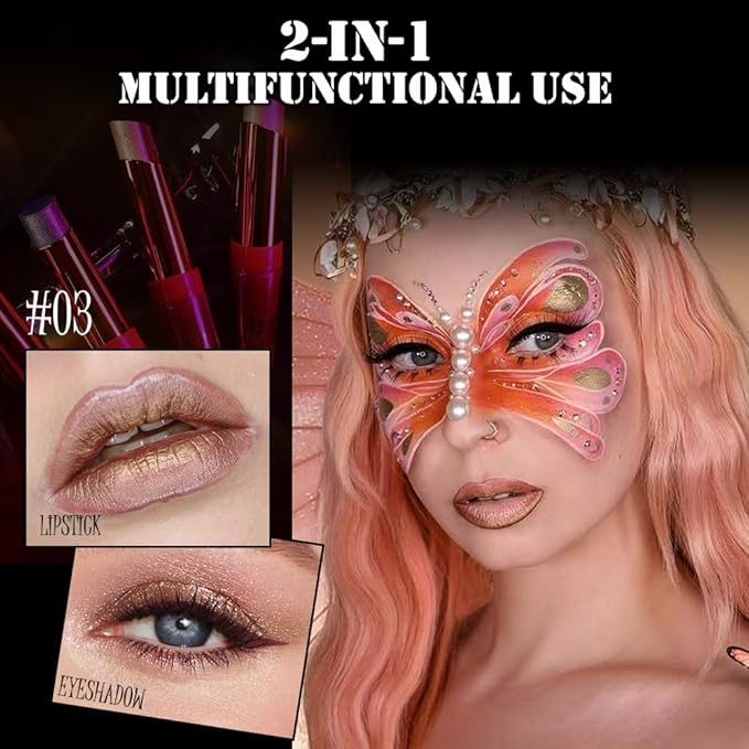 AMY'S DIARY Shimmer Rose Pink Bronze Gold Lipstick Long Lasting Metallic Lip Liner Shimmer for Women Makeup Double Colors Eyeshadow Stick Hydrating Highly Pigmented Coverage Non Stick Cup Lips Gloss