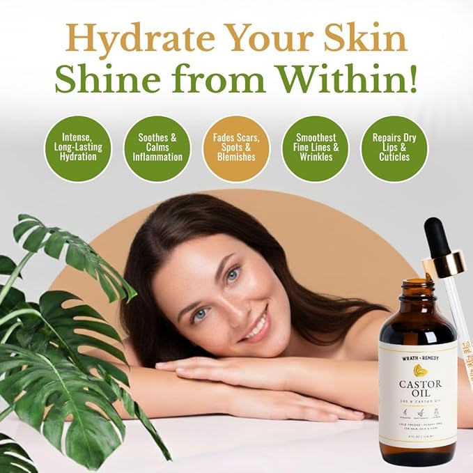 Castor Oil Organic Hexane Free — USDA Certified, 100% Pure Cold Pressed Organic Castor Oil for Hair Growth & Strength, Fuller Lashes & Eyebrows, Hydrated & Rejuvenated Skin (Finest Glass Bottle, 4OZ)