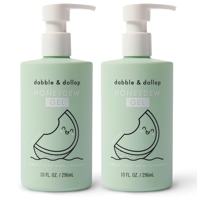 Dabble & Dollop Honeydew Melon Body Wash & Shampoo – 3-in-1 Natural Bubble Bath for Kids, No Parabens or Sulfates, Vegan, Gluten-Free, Tear-Free (10oz, Pack of 2)