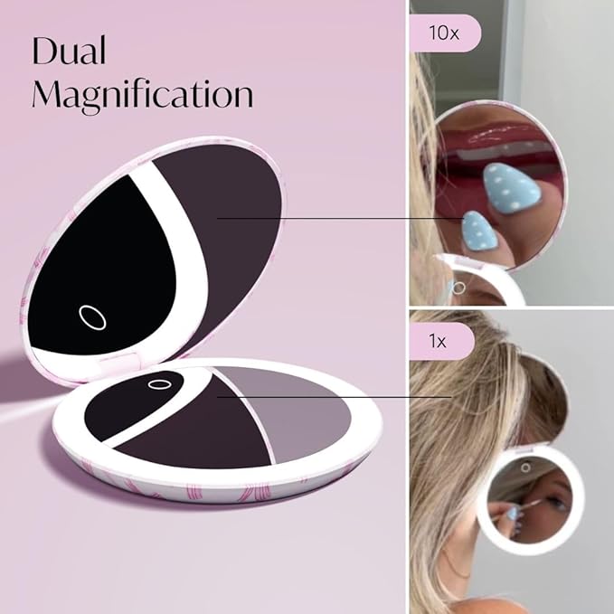Fancii Taylor LED Lighted Travel Makeup Mirror, Rechargeable, 10x /1x Magnifying, Tru-Glow Lighting System, XL Large 5” Wide | Compact Mirror for Purses (Mocha Lace)