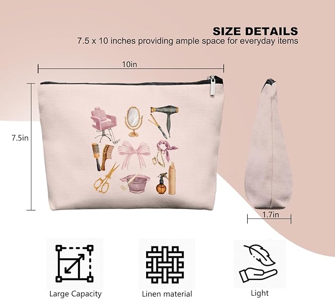 Pink Hairstylist Makeup Bag for Women, Cute Cosmetology Student Gifts,Hairdresser Travel Organizer Bag, Aesthetic Salon Accessory Pouch, Gifts for Teen Girls 7.5 x 10 in