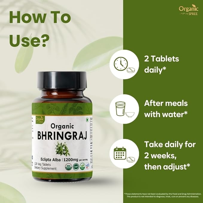 Bhringraj 120 Tablets | Eclipta Alba (Bhringraj) | USDA Organic Certified | Ayurvedic Hair Care | Organic and Natural 120tab - Pack of 2