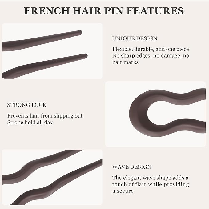 Sunolga 8PCS French Hair Pins for Thick Hair, Fashion French Pins Hair Styling, Matte French Hairpin for Women Fine Hair Accessories, French Twist Pin Wavy U Shaped Holiday Gifts