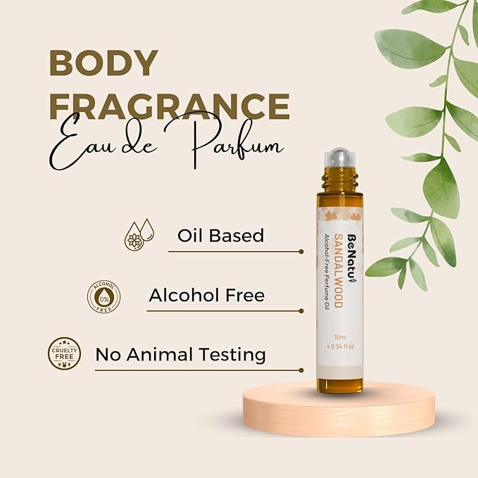 Sandalwood Perfume Oil Roll On for Women and Men, Alcohol Free Eau de Parfum,Travel Size Essential Oil Body Fragrance, Long Lasting, Leather Woody Scent, 10 ml