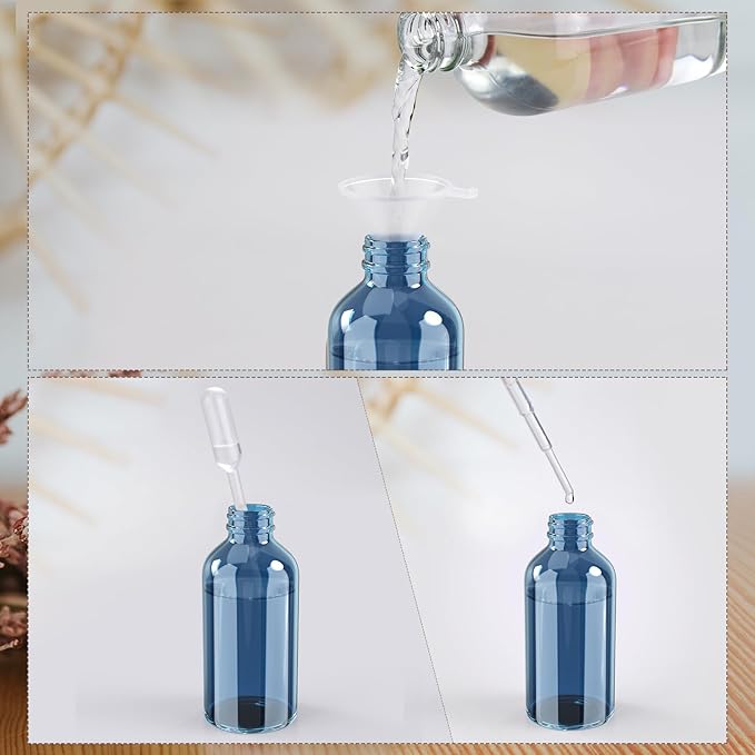 Wedama 2 oz Mini Glass Spray Bottles, Empty Small Spray Bottles with Funnel Dropper, Fine Mist for Hair, Travel, Plants, Cleaning Solutions and Skin Care (4 Pack Indigo Blue)