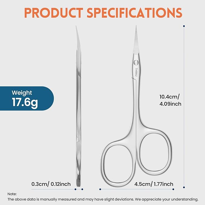 THRAU Left-Handed Cuticle Scissors – Surgical Grade Stainless Steel with Sharp Curved Tip for Cuticles, Nails, Eyebrows, Eyelashes, Nose Hair & Beard – Ideal for Manicure & Precise Grooming