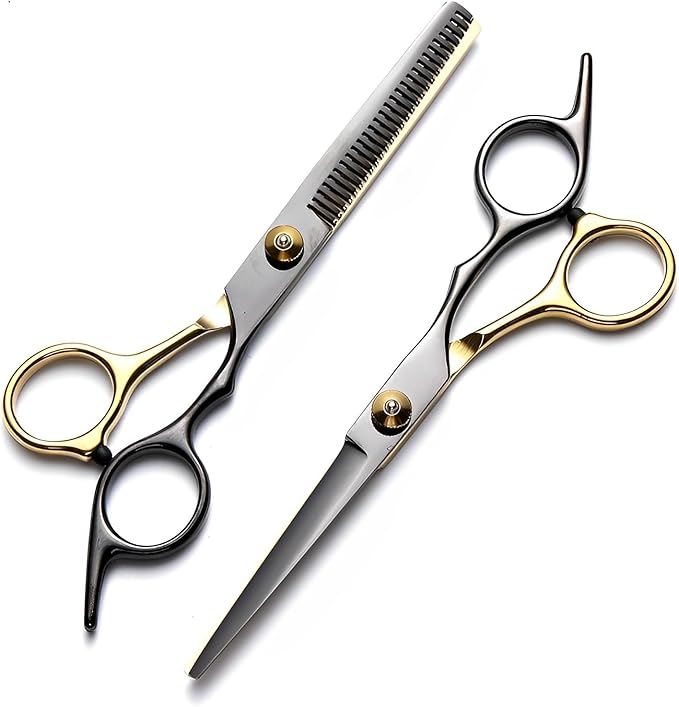 Hair Cutting Scissors Kit 11PCS, Professional Haircut Scissors with Japanese Stainless Steel Shears, Thinning Shears, Haircut Accessories in Leather Case for Salon/Home (Black - Gold)